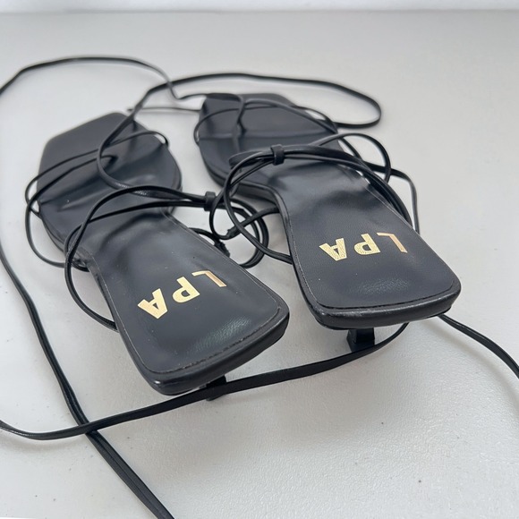 LPA Carmella Leather Heel Black Strappy Lace Up Square Toe Kitten Heel Sandal 7 - Picture 5 of 11